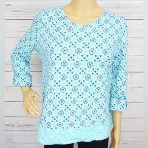 Kim Rogers Light Aqua Floral Scoop Neck Blouse